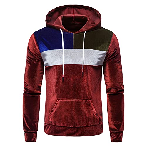 Maiyifu-GJ Men's Color Block Hooded Velour Jacket Casual Long Sleeve Velvet Velour Hoodies Retro Hip Hop Sweatshirt Pullover (Red,Large)