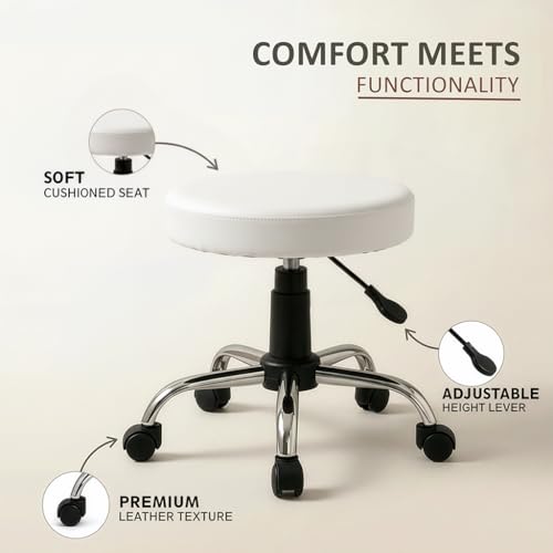 Image of DIYA Seating Nexa Round Stool (1 Year Warranty) with Adjustable Height, Wheels and Bonded Leather Upholstery, Sitting Stool for Salon, Doctor, Medical, Spa, Restaurant, Kitchen, Musicians- White