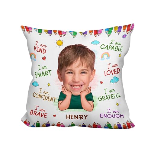 Personalized Photo Cushion for Kids - Customizable Face Pillow with Name & Affirmation, Unique Throw Pillow for Children's Bedroom Decoration and Gifts