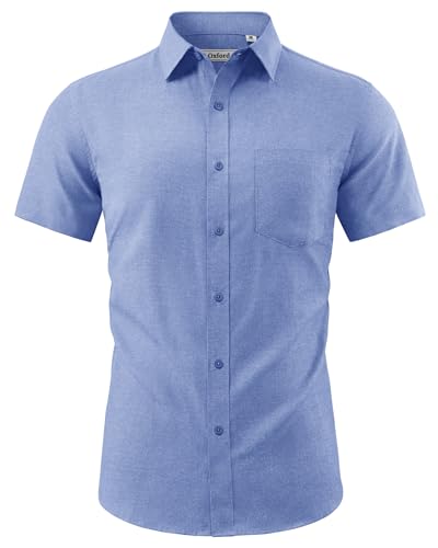 J.VER Mens Short Sleeved Shirts Oxford Casual Blue Non Iron Formal Summer Button Down Shirt with Pocket L