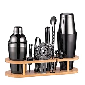 Cocktail Shaker Set with Stylish Bamboo Stand 17-Piece Martini Shaker, Drink Shaker, Stainless Steel Boston Shaker Bar Set, Professional Bar Tools for Drink Mixing, HomeParties-black