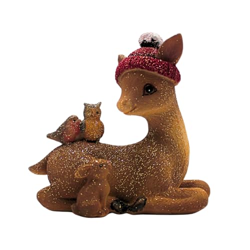 Decoración de Ciervo, Reno Decorativo, Ciervo con Gorro de Invierno, Figura de Ciervo, Figura de Reno, Ciervo con Purpurina Dorada, pájaro, búho y Conejo de cerámica en marrón; 10 x 5 x 10 cm.