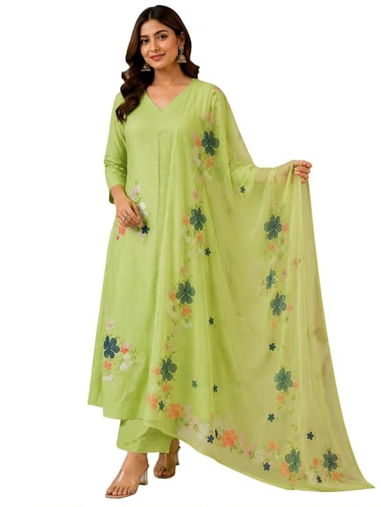Viscose Blend Embroidered Straight Kurta with Palazzo and Dupatta for Women | Viscose Blend Green | 3/4 Sleeve | V-Neck | Ethnic Wear Casual Wear-image-46