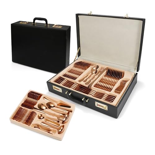 Juego De Cubiertos De Acero Inoxidable, 84 Piezas, Estuche De Regalo De Cuero, Acabado Pulido Espejo, Apto para Lavavajillas/fácil De Limpiar, Ideal para Cocinas Familiares, Gold