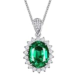 Homxi Collar Cadena Oro Blanco 14 Kilates Mujer, Flor y Oval con Esmeralda de 0,69ct y Diamante, Collar de Mujer de Plata Verde