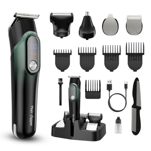 Image of 5-in-1 Beard Trimmer for Men, Hair Clippers Grooming Kit, Cyan | 150Mins Working Time, USB-C Rechargeable, LED Display for Face, Mustache, Body, Ear, Nose Hair Trimmer