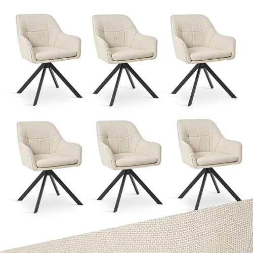 Goeurvant Lot de 6 Chaises Pivotantes 360° en Lin Beige avec Accoudoirs, Chaises de Salle à Manger, Cuisine, Fauteuils avec Pieds en Métal, pour Bureau ou...