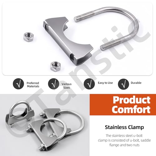 Tanstic 2Pcs U-Bolt Exhaust Clamps, 2-1/2” Stainless Steel Muffler U-Bolt Clamps with Saddle Flange - Thumbnail 6