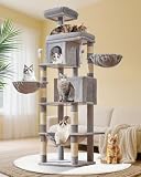 Taoqimiao Cat Tree, 77-Inch Cat Tower for Large Cats Multi-Level Cat Condos for Indoor Cats with 2 Condos, Extra-Lagre Platform, 2 Hanging Baskets, Hammock, 8 Scratching Posts, MS044W Light Gray
