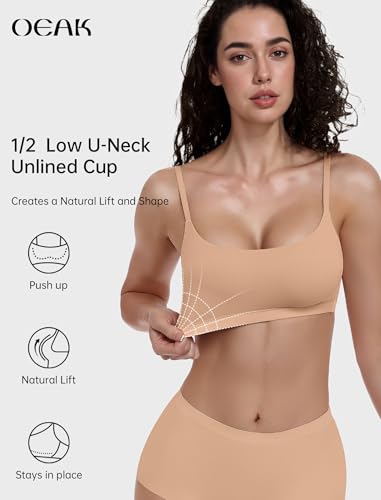 OEAK Womens Comfortable Bras No Underwire Cami Bra Seamless Unlined Bralettes Scoop Neck Unpadded Everyday Sports Tshirt Bra Nude,S