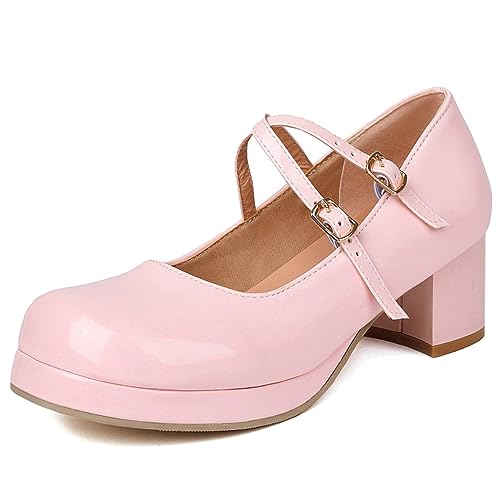 DINTAHA Patent Mary Jane Platform Heels Square Toe Block Heel Pumps Criss Cross Heels