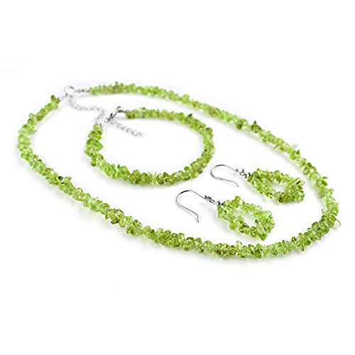 Natural Raw Green Peridot Gemstone Crystal Chips Nuggets Beads Handmade Jewelry Set For Women, Healing Chakra Crystal, Birthstone Rhodium Plating 925 Sterling Silver (Pack Of 3) #TOP4