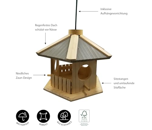 Dehner Natura Premium Wildvogel Futterhaus Dakota, Futterstation für Wildvögel, Vogelhaus wetterfest/hängend, inkl. Aufhängevorrichtung, ca. 30 x 26 x 22 cm, aus FSC-zertifiziertem Kiefernholz