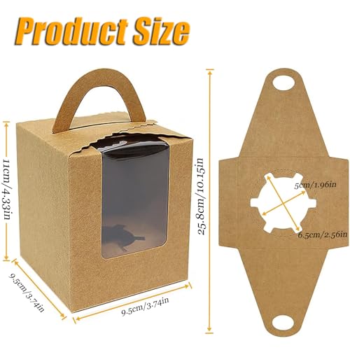 SUJIBHI 20 Pcs Individual Cupcake Boxes Single Cake Boxes with Clear Window 1 Hole Cake Box with Inserts and Handle Bakery Boxes for Wedding Birthday Party Favors (Kraft)