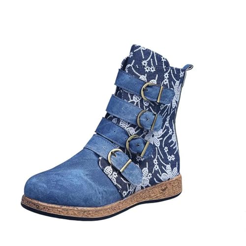 ZIRIA Socofy Damenstiefel, Leder, Retro-Stil, bedruckt, Metallschnalle, weiche Stiefeletten, blau, 43 EU ZIRIA Socofy Damenstiefel, Leder, Retro-Stil, bedruckt, Metallschnalle, weiche Stiefeletten, blau, 43 EU