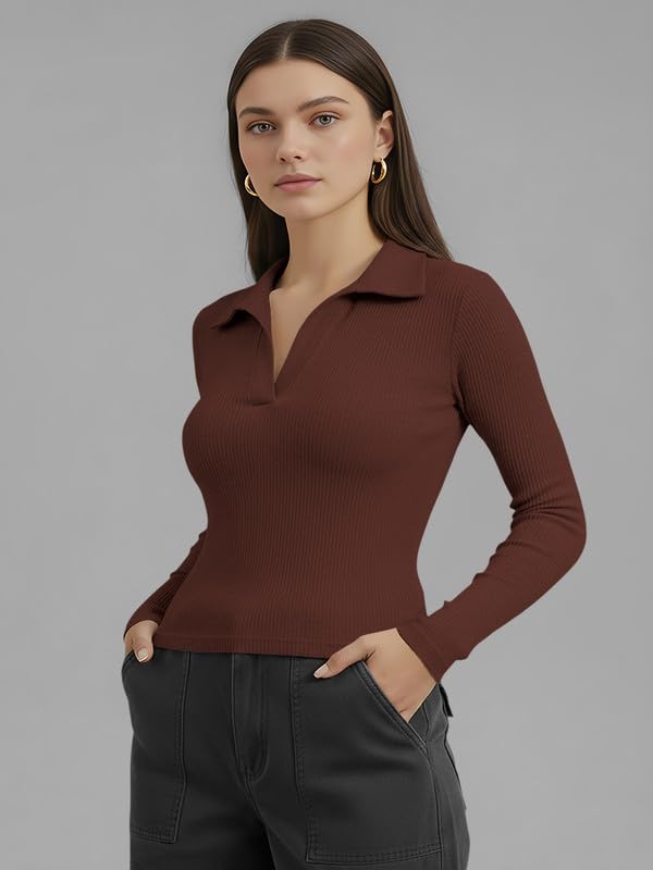 Image of Dream Beauty Fashion Women's Collared Neck Long Sleeve Slim Fit Casual Tee Top for Woman