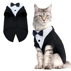 QBLEEV Cat Tuxedo Suit, Cat Halloween Costumes for Cats Only, Sphynx Cat Tuxedo Outfit Costume with Bow Tie, Kitten Formal Attire Wedding Birthday Onesie Clothes for Male Girl Hairless Cats
