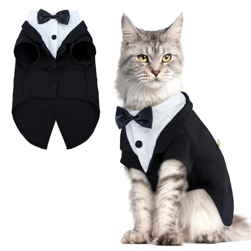 QBLEEV Cat Tuxedo Suit, Cat Halloween Costumes for Cats Only, Sphynx Cat Tuxedo Outfit Costume with Bow Tie, Kitten Formal Attire Wedding Birthday Onesie Clothes for Male Girl Hairless Cats