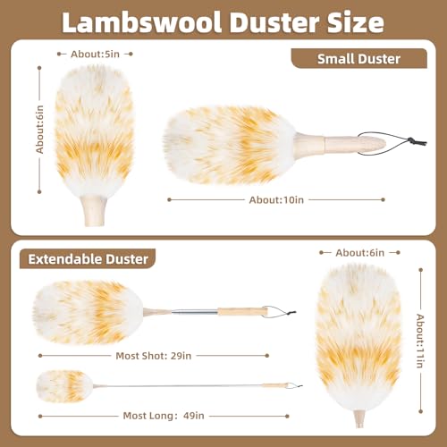 Image of LOVECO Lambs Wool Dusters for Scratch-Free Cleaning Extendable 29-49 Inch | Includes: Sticky Hooksx2, Small Dusterx1, Electrostatic Dusters Suitable for Office, Home, Car