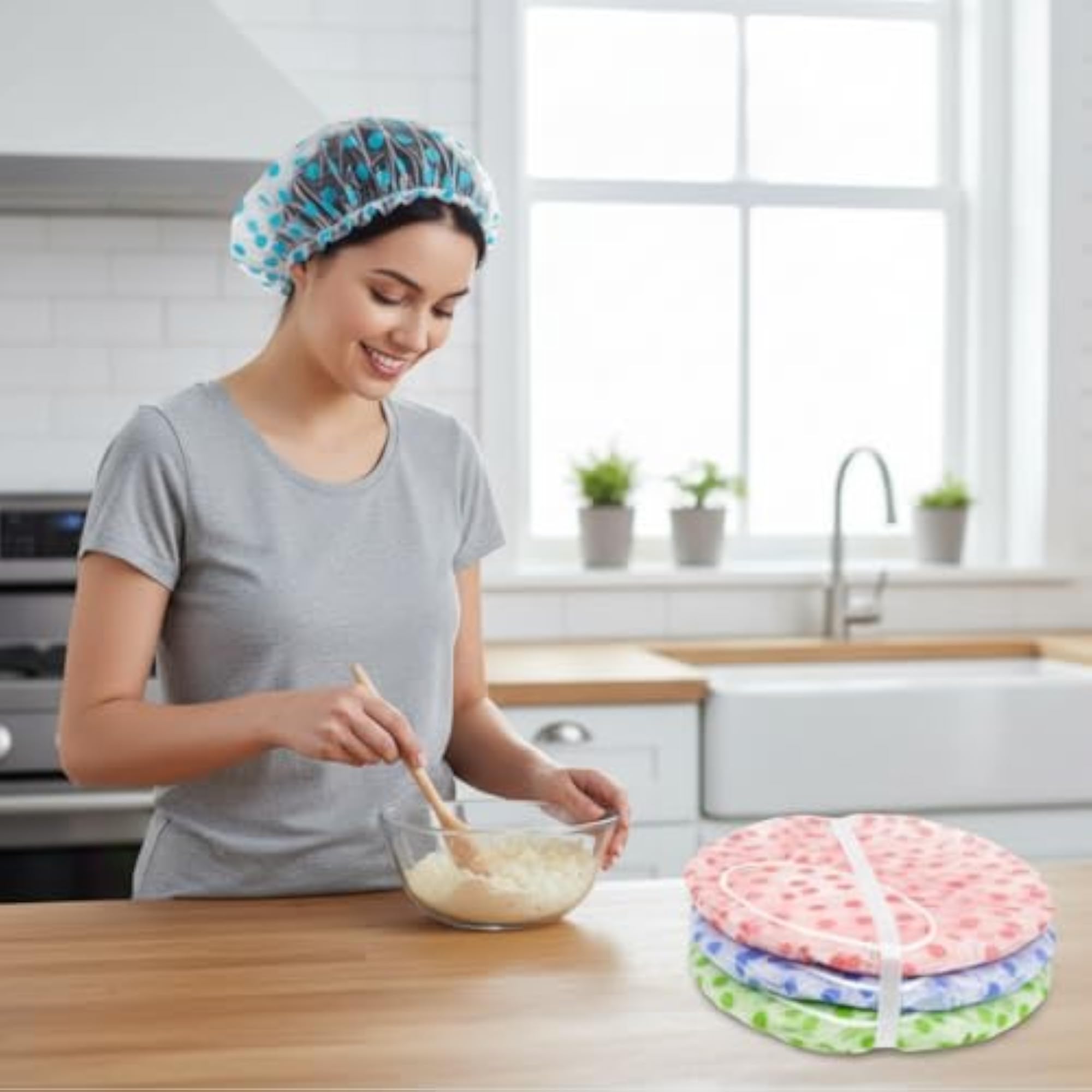 Shower Cap Set of 4 for Women, Reusable Waterproof EVA Bath Caps
