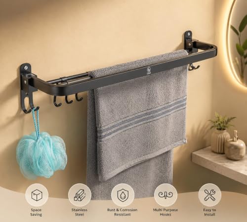 Image of iSTAR Folding Towel Rack /Towel Stand /Towel Hanger /Rack Shelf for Bathroom /Bathroom Accessories (24 Inch, Black)(Stainless Steel)