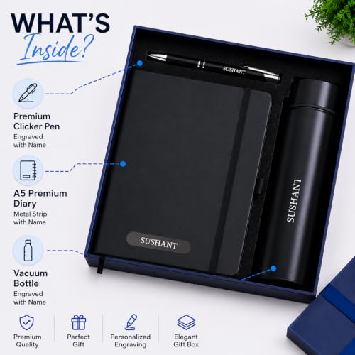 Image of Personalized Diary Gift Set with Bottle & Pen Black | 3-in-1