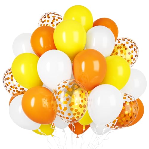Ousuga Ballons Orange Jaune Blanc 50 Pièces 12 Pouces avec 2 Rouleaux de Rubans, pour Anniversaire Noël Halloween Baptême Carnaval Décoration