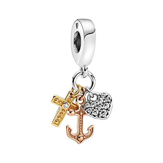 PANDORA Jewelry Triple-tone Cross, Heart, and Anchor Dangle Charm - Necklace or Bracelet Charm for Women - 14k Rose Gold and Gold-Plated with Sterling Silver and Cubic Zirconia