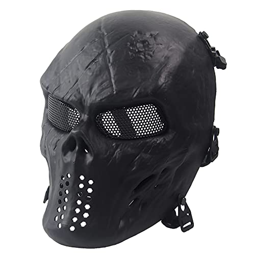 Máscara de airsoft negra, máscara completa de esqueleto con lente de metal negro para Halloween, máscara táctica para juegos de fiesta, cosplay, ciclismo, decoración para adultos y jóvenes Cover