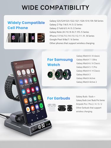 Image of Wireless Charger for Samsung S25 with Clock 3 in 1 Android Charging Station | Charging Station for Galaxy S25 Ultra,Z Flip 7,Fold,Galaxy Bud,Watch Charger for Galaxy Watch 8,7,6,5Pro, Nightstand Charger