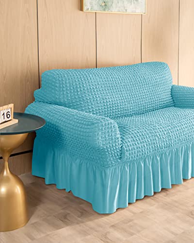 Bluesurge Loveseat Slipcover 1 Piece For 2 Cushion Couch Sofa Cover With Skirt, Durable Washable High Elastic Stretchable, Easy Fit Universal Furniture Protector (2 Seater, Sky Blue) #TOP6