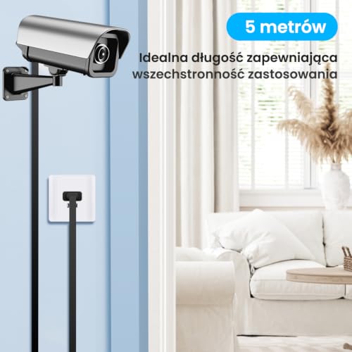 Płaski kabel USB-C o długości 5 metrów, przedłużacz zasilający USB-A do USB-C do kamer CCTV, kontrolerów do gier i innych urządzeń, obsługujący transfer danych – czarny