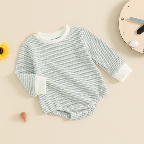 BULINGNA Newborn Baby Boy Waffle Knit Romper Sweatshirt Long Sleeve Striped Bodysuit Onesie Jumpsuit Fall One Piece Outfit2