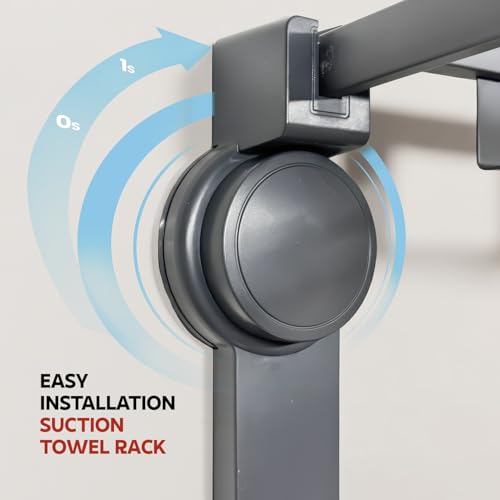 Image of Amazon Basics Suction Towel Rack for Bathroom | Rustproof Wall - Mounted Towel Holder with Hooks | Strong Vacuum Grip, No Drilling Required Grey