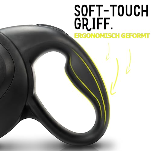 bluzelle 8m Lange Hundeleine für Hunde bis 50kg, Flexible Rollleine Neon-Gelb Leuchtender Reflektor-Gurt mit 360° Karabinerhaken Metall, Ergonomischer Griff Schwarz Gummiert & Einzugs-Bremse, Schwarz