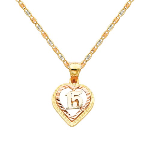 The World Jewelry Center 14k Tri Color Gold 15 Años Heart Pendant with 1.5mm Valentino Diamond Cut Chain Necklace