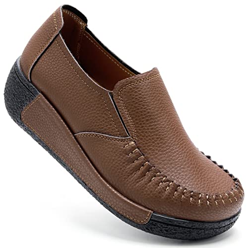 Image of UZB Women's Slip On Loafer Leather Comfort Casual Platform Shoes