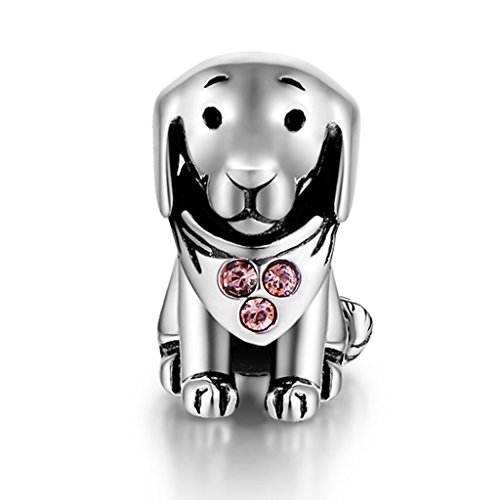 925 Sterling Silver Puppy Dog Animal Charms Bead Fit European Bracelets for Dog Lover by GW (Pink-Puppy-212)