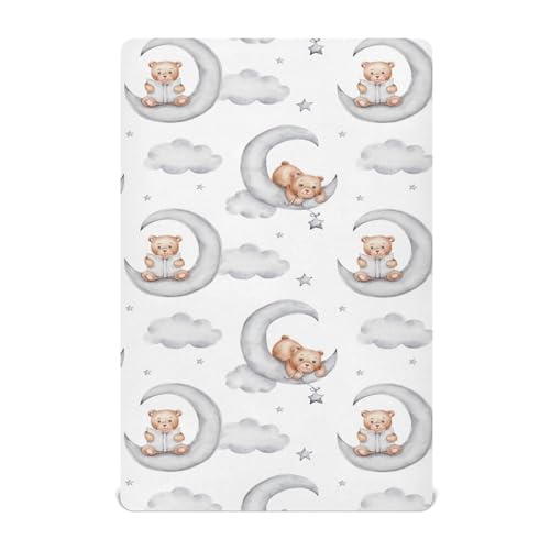 Image of Caikeny Fitted Crib Sheet for Boys Girls Kawaii Bears Moon Grey Clouds Baby Crib Sheets Stars Watercolor Bassinet Sheets Crib Mattress Bed Sheets for Toddler Newborn Infant 27 x 39 in