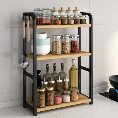 Image of Spice Rack Organizer for Kitchen Countertop, Metal Kitchen Storage Shelf with Wooden Shelves, Pantry Cabinet Organizer for Spice Jars, Oil Bottles, Seasonings, Condiments (Black, 3-Tier)