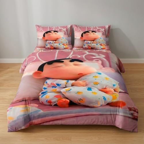 Image of Shinchan 7D Printed Bedsheet for Double Bed | Glace Cotton 7D Digital Print | 90x100 Inch (228x254 cm) | 1 Bedsheet + 2 Pillow Covers | Soft, Breathable & Vibrant Colour Bedding Set
