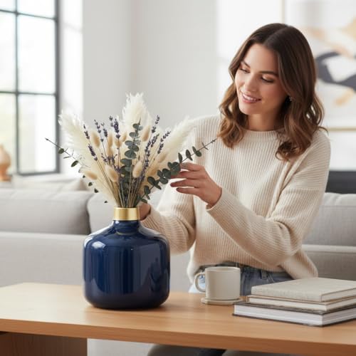 Image of Artful Living India - Round Metal Flower Vase | Round Vintage Vase for Living Room, Table, Office Decoration & Home Decor | Antique Decorative Metal Vase (Midnight Blue)
