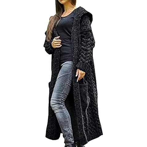 Visky Women Cardigan Long Sweater - Hooded Cardigan With Pockets Ankle Length Coats Chunky Knit Open Front Maxi Cardigan Kimono Cover