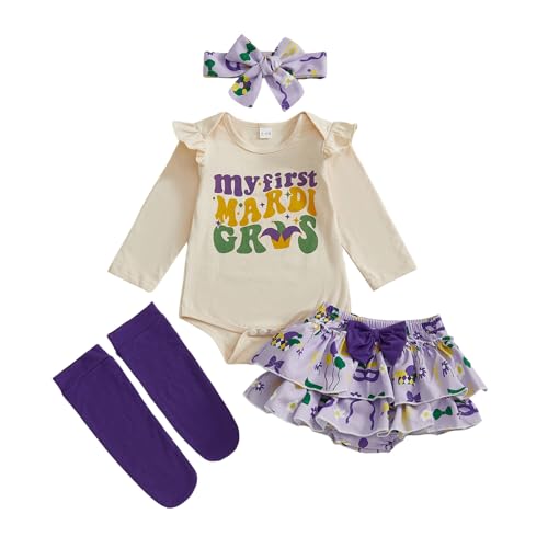 Thorn Tree Baby Girl My First Mardi Gras Outfit Letter Ruffle Long Sleeve Romper Tiered Shorts Headband Long Socks Newborn Set (Purple 12-18 Months)