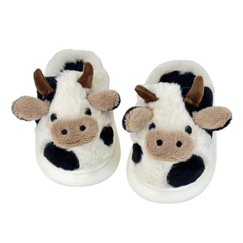 XIXITIAO Girls Boys Cow Slippers for Toddler Kids, Cute Fuzzy Cartoon Animal Slippers, Christmas Fluffy House Bedroom Shoes for Indoor, Size 12.5