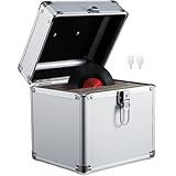 Supernic Vinyl Record Storage Box 7" 50pcs Vinyl Record Storage Cases Singles Vinyl Record Carry Case Heavy Duty Safe Box DJ Box Lockable Flight Carry Case Holds (Silver)