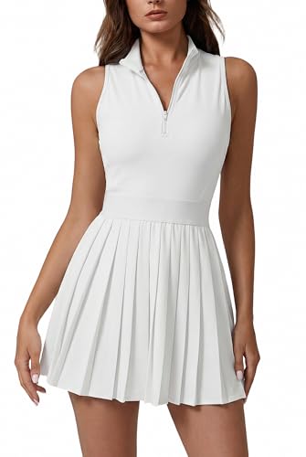 QINSEN Sleeveless Athletic Dress for Women Zip Front Tennis Dress with Shorts 2 Pieces Golf Pleated Active Dress Fairy White M