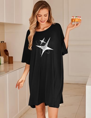 Image of Ekouaer Plus Size Nightgowns for Women Oversized Sleep Shirt Short Sleeve Nightshirt T-Shirt Dress Sleepwear, Black Starlight, Large