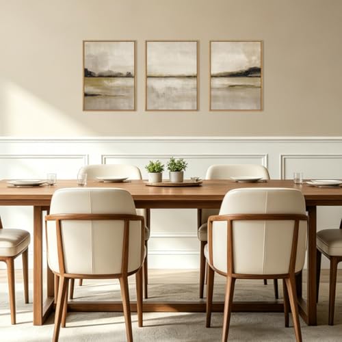Image of KAIRNE Neutral Abstrcat Landscape Framed Canvas Wall Art Set, Retro Mountain Lake Wall Decor, Vintage Tan Scenery Art Prints, Modern Nature Artwork for Living Room,Bedroom,Farmhouse,Office-12 x16 x3