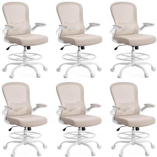 Image of ErGear Drafting Chair,Tall Office Chair with Flip-Up Armrests, High Desk Chair Adjustable Height and Adjustable Footrest Ring, Ergonomic Standing Desk Chair with Lumbar Support, Khaki,6 Pack